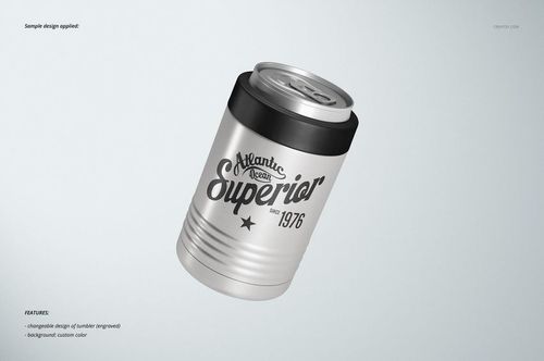 Silver can holder cooler mockup with black top, engraved design, and soft shadow, displayed against a pale backdrop.