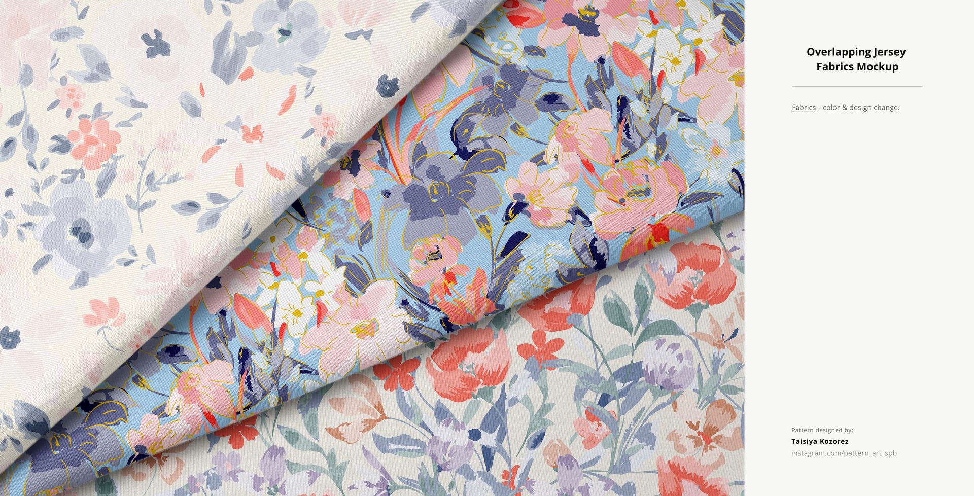 Stacked jersey fabrics featuring colorful floral designs in soft blues, pinks, and creams, presented as a PSD mockup.
