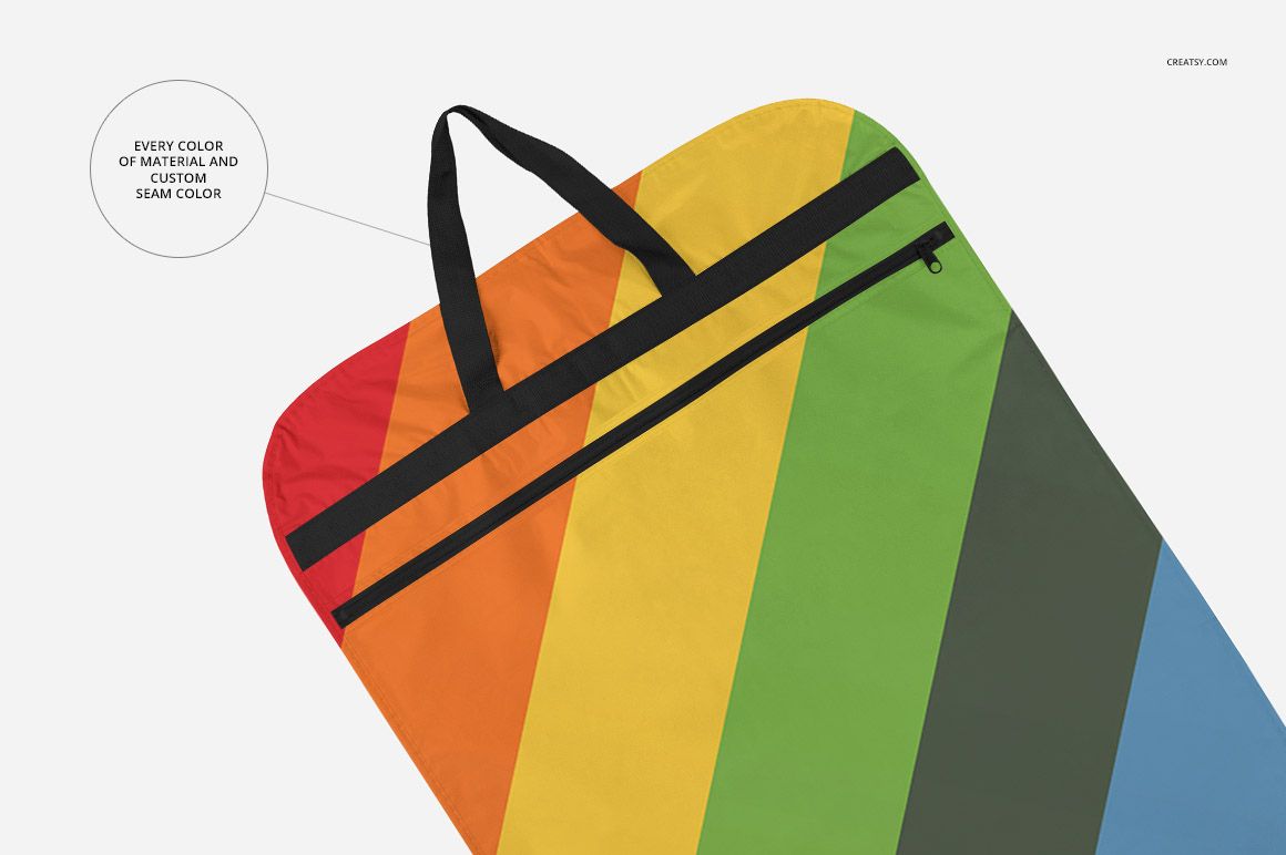 Colorful suitcover mockup featuring bold diagonal stripes and black zipper, displayed on a clean white backdrop.
