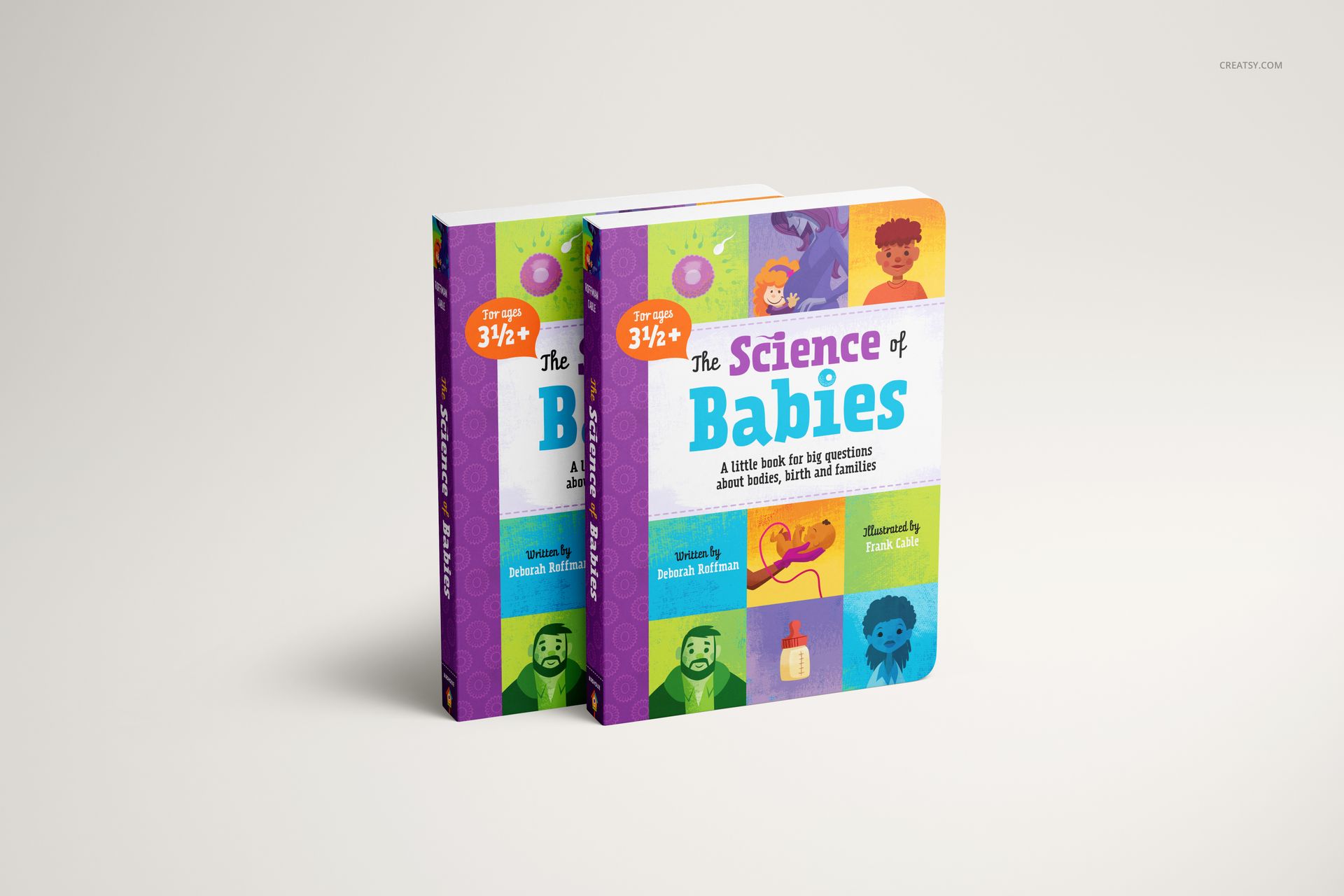 Two colorful board books standing upright on a light surface, featuring illustrated covers and rounded corners.