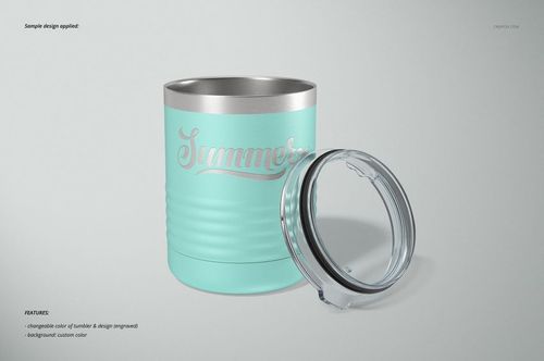 Stainless steel tumbler mockup featuring a powder coated turquoise finish and silver engraving, lid placed beside.