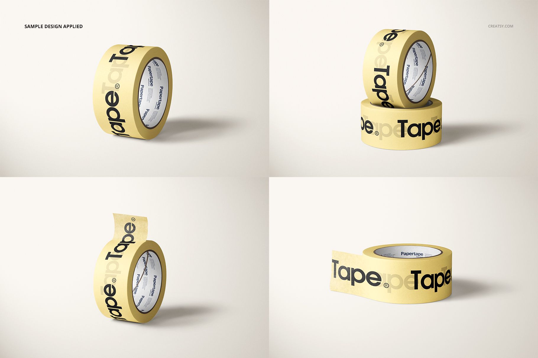 Set of masking tape mockups featuring yellow tape with black lettering, displayed in different positions on a neutral surface.