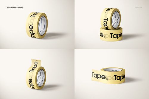 Set of masking tape mockups featuring yellow tape with black lettering, displayed in different positions on a neutral surface.