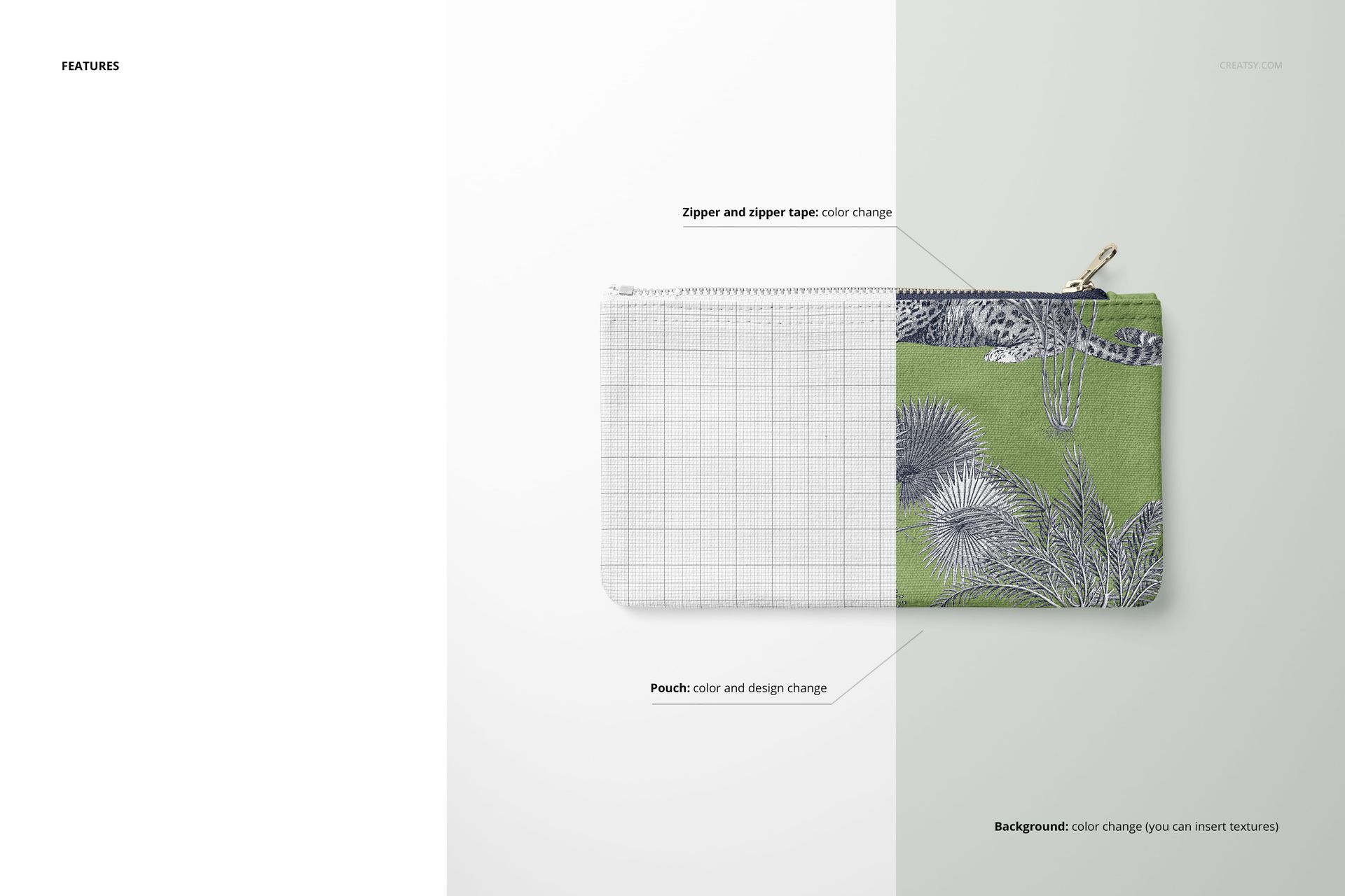 Flat canvas pouch mockup shown from the front, half with a grid overlay and half with a green botanical pattern.