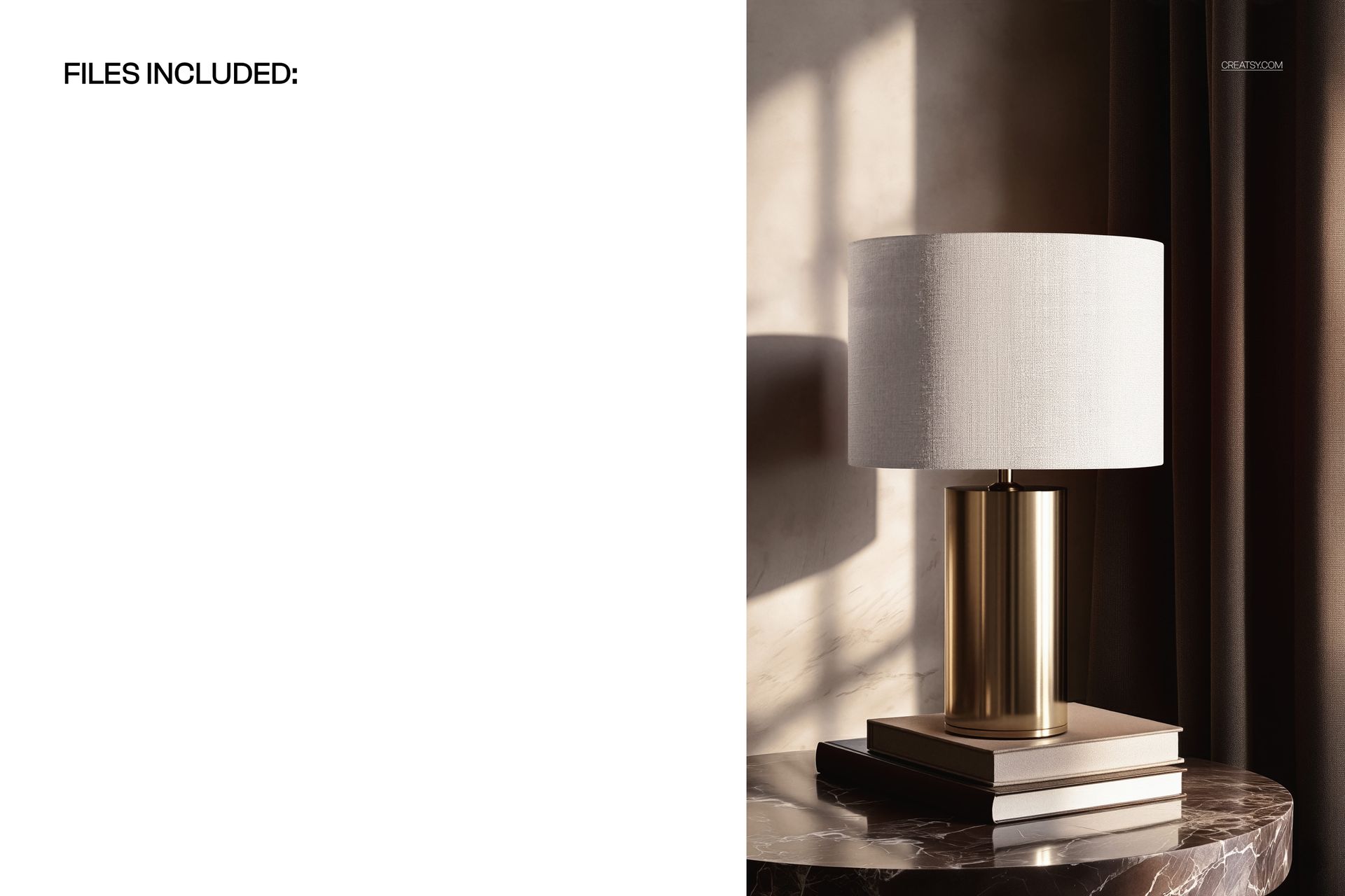 Front view of a brass cylinder table lamp mockup with a white fabric drum shade, set on a marble tabletop.