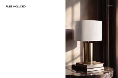 Front view of a brass cylinder table lamp mockup with a white fabric drum shade, set on a marble tabletop.