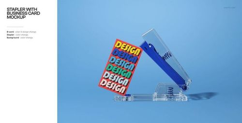 PSD mockup featuring a blue stapler with a vibrant, patterned business card on a solid light blue surface.