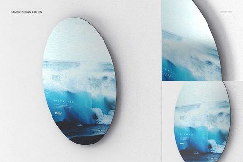 Metal disk print mockup with a circular shape, showing a blue wave artwork against a neutral white background.