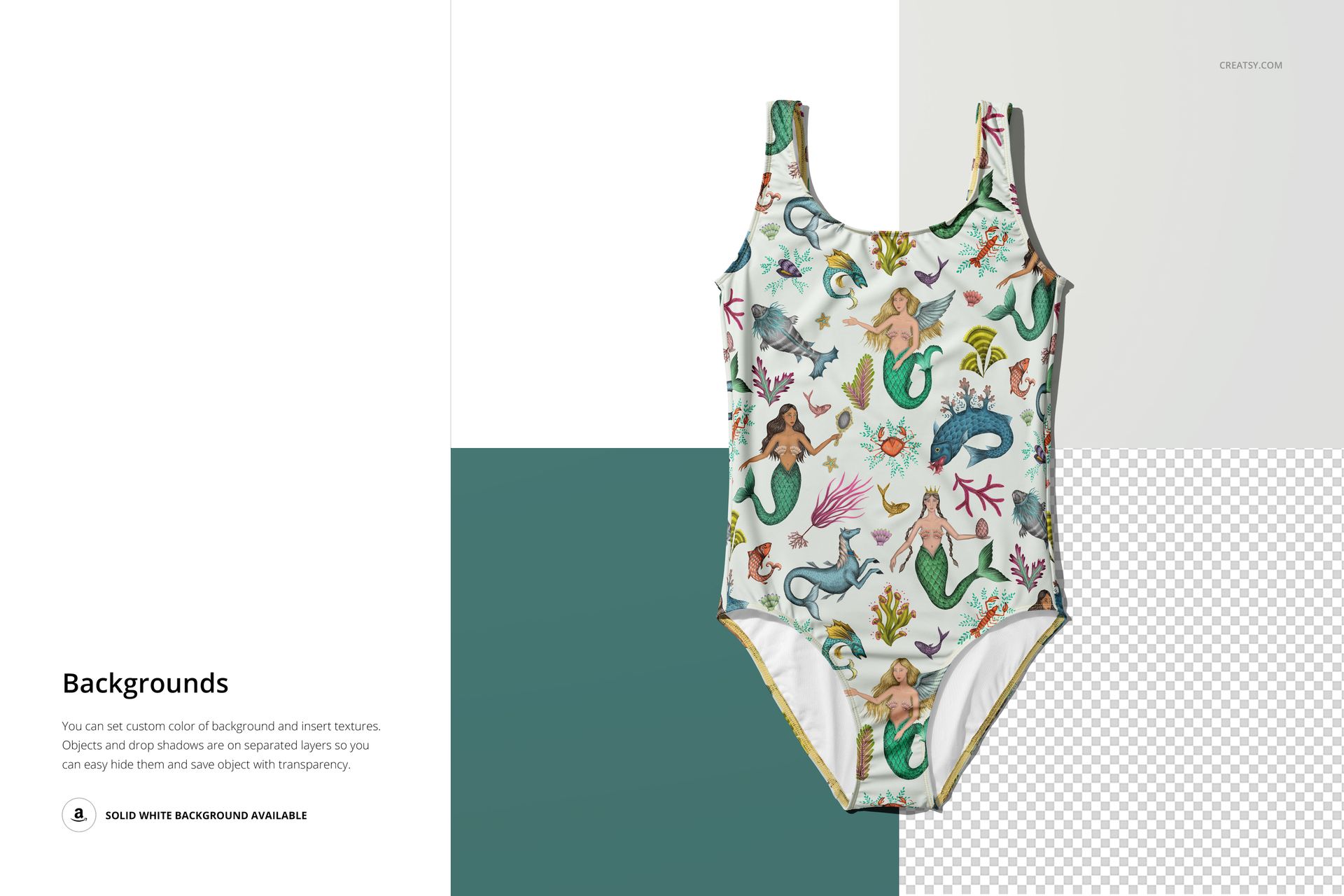 One-piece swimsuit mockup with colorful mermaid and ocean motifs, displayed flat on a split white and teal background.