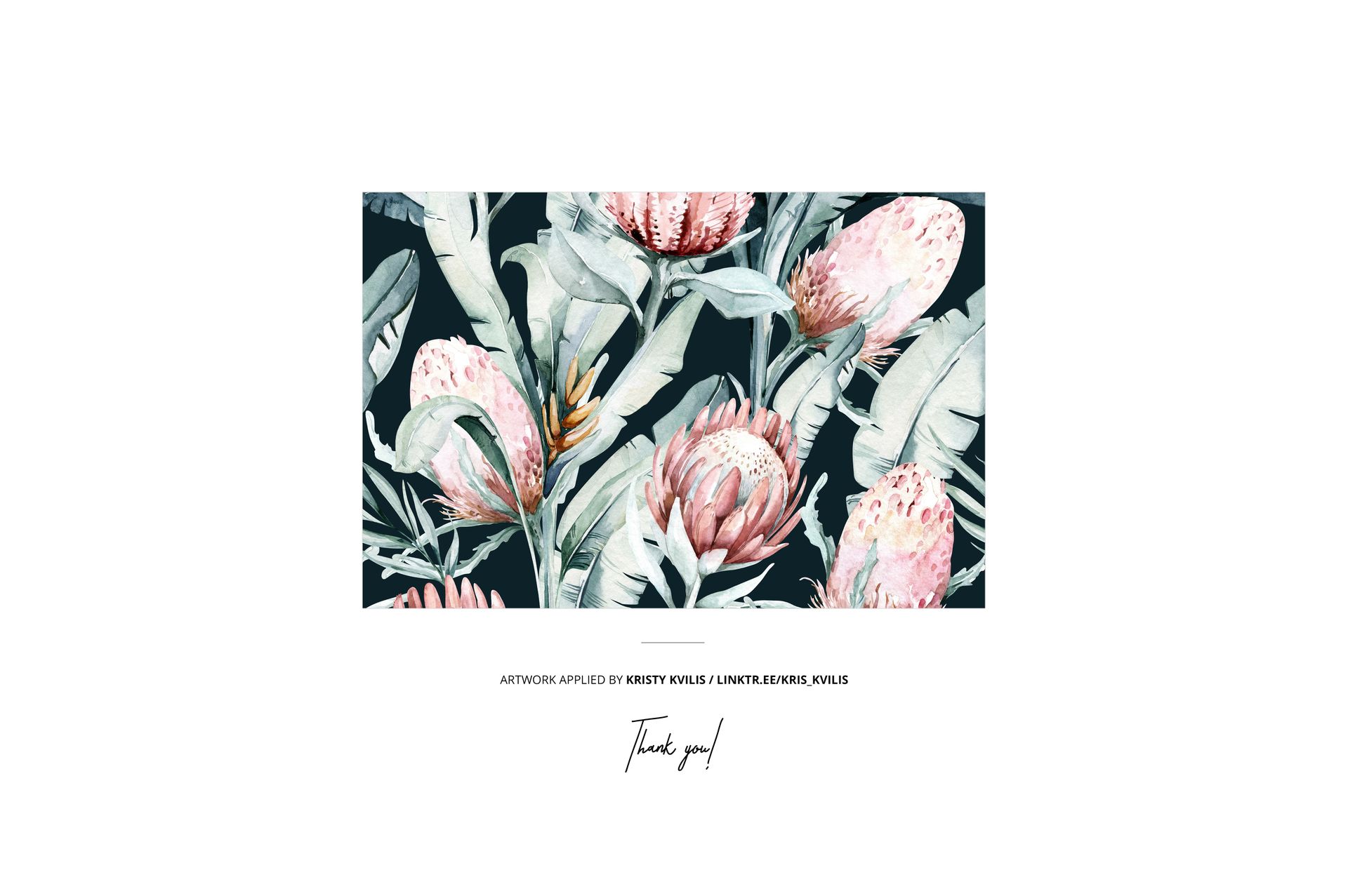 Floral pattern with pink protea flowers and green leaves on a dark background, shown in a rectangular mockup layout.