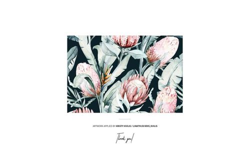 Floral pattern with pink protea flowers and green leaves on a dark background, shown in a rectangular mockup layout.