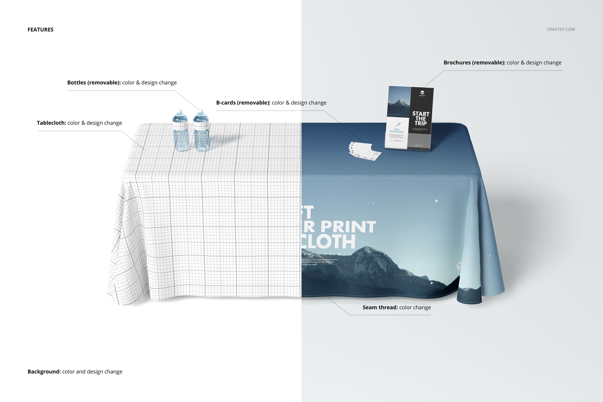 Front view of a 6ft polyester tablecloth mockup set with grid pattern on left and mountain landscape design on right.