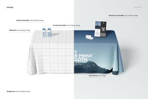 Front view of a 6ft polyester tablecloth mockup set with grid pattern on left and mountain landscape design on right.