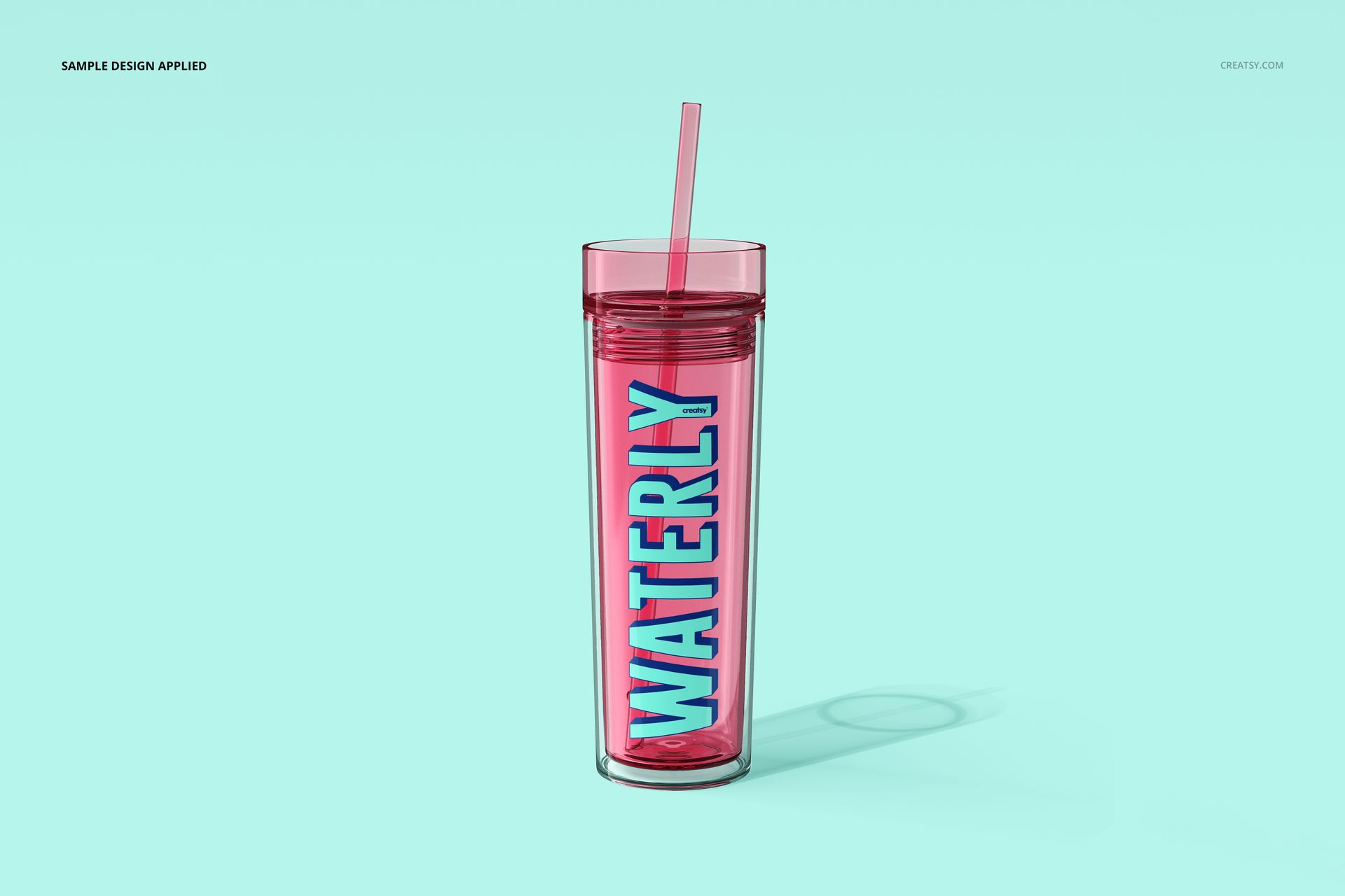 Front view of a pink double-wall acrylic tumbler mockup with a matching straw and vertical text on the side.