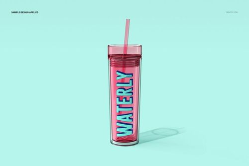 Front view of a pink double-wall acrylic tumbler mockup with a matching straw and vertical text on the side.