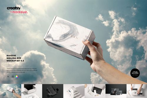 Hand holding a rectangular mailing box with a marble pattern against a cloudy sky background, front view mockup.