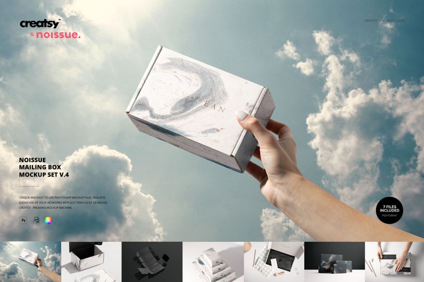 Hand holding a rectangular mailing box with a marble pattern against a cloudy sky background, front view mockup.