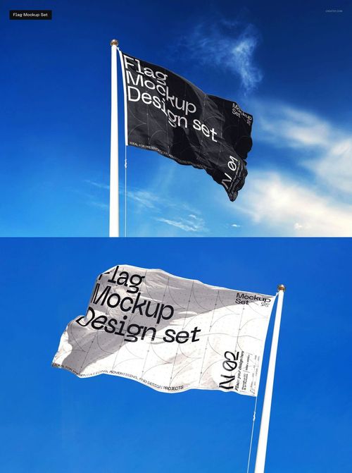 Outdoor advertising flag mockup set featuring black and white flags on poles, shown from a front view under a blue sky.