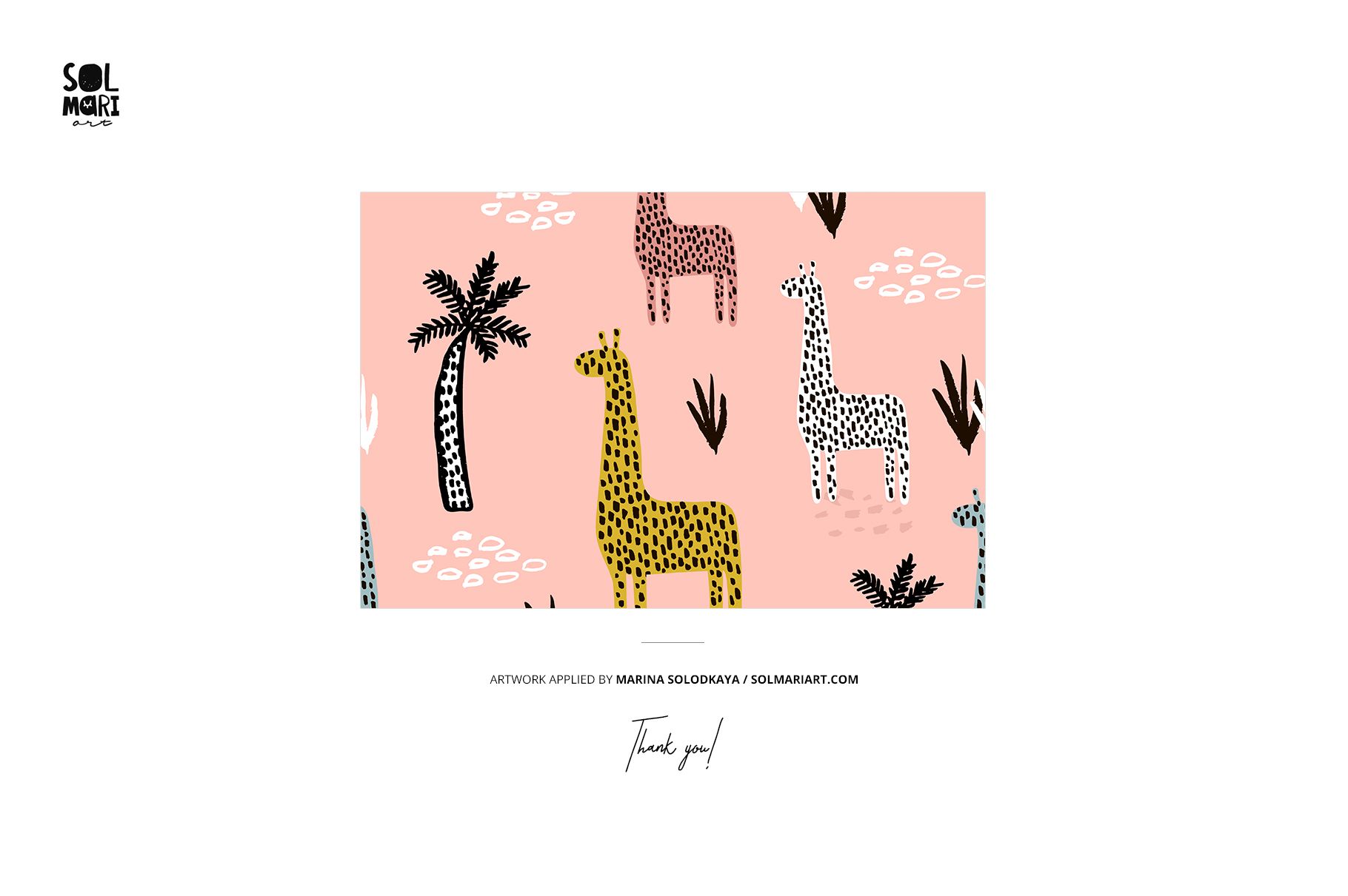 Rectangular swaddle wrap mockup with a playful giraffe and palm tree pattern on a pink background, front view.