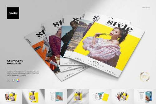 Set of A4 magazine mockups with various bright cover images, displayed overlapping on a neutral background.