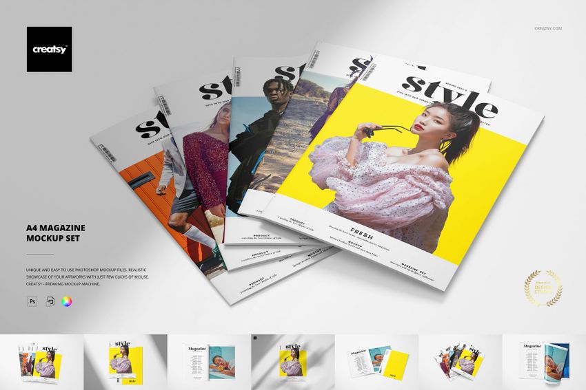 Set of A4 magazine mockups with various bright cover images, displayed overlapping on a neutral background.