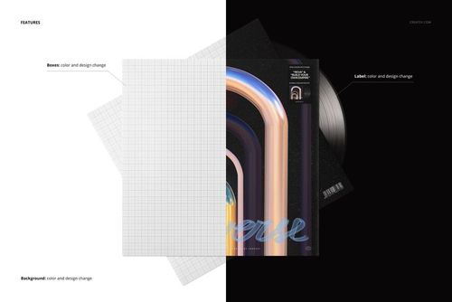 Vinyl record album cover mockup with a split background, half showing a grid template and half a colorful abstract design.