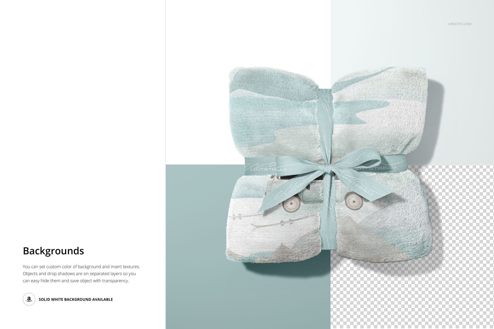 Top view of a 30x40 fleece blanket mockup, folded neatly and tied with a pale blue ribbon, soft cloud design visible.