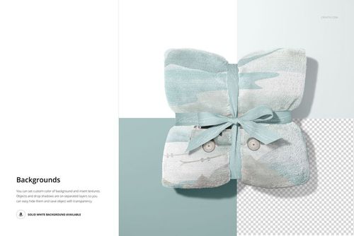 Top view of a 30x40 fleece blanket mockup, folded neatly and tied with a pale blue ribbon, soft cloud design visible.