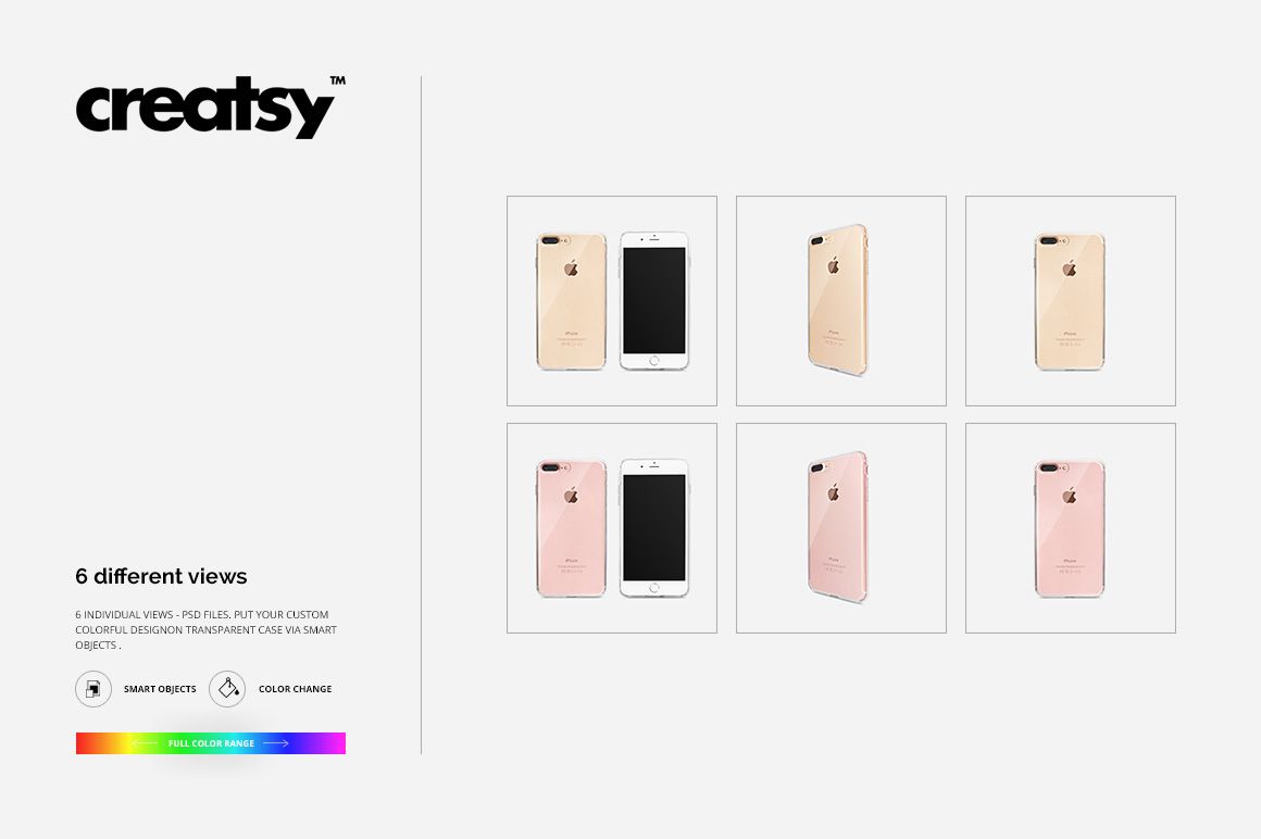 Transparent iPhone 7 Plus case mockup set showing six views with gold and pink phone colors on a light background.