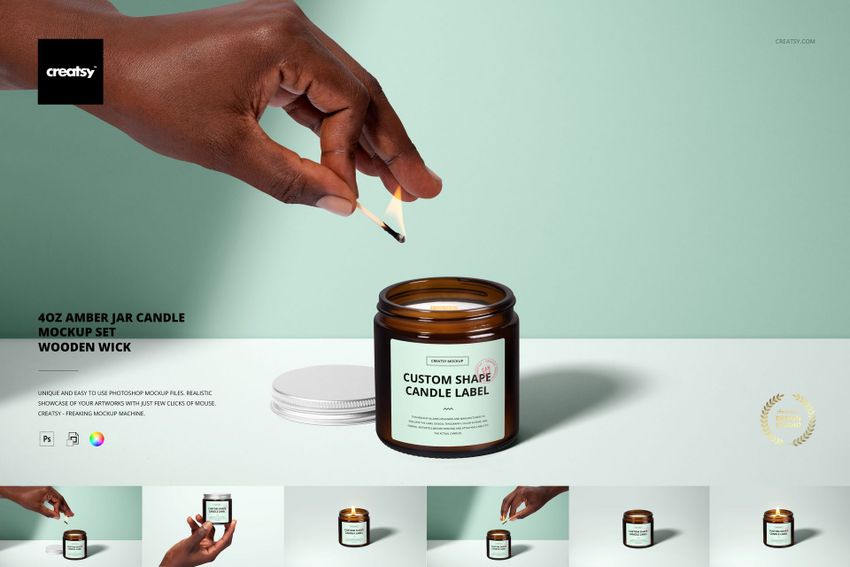 Amber jar candle mockup with wooden wick, featuring a custom label and a hand holding a match above the jar.