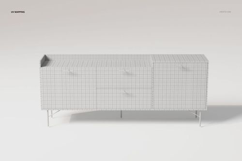 Front view of a modern textured cabinet 3D model with grid lines, featuring drawers and doors on metal legs.
