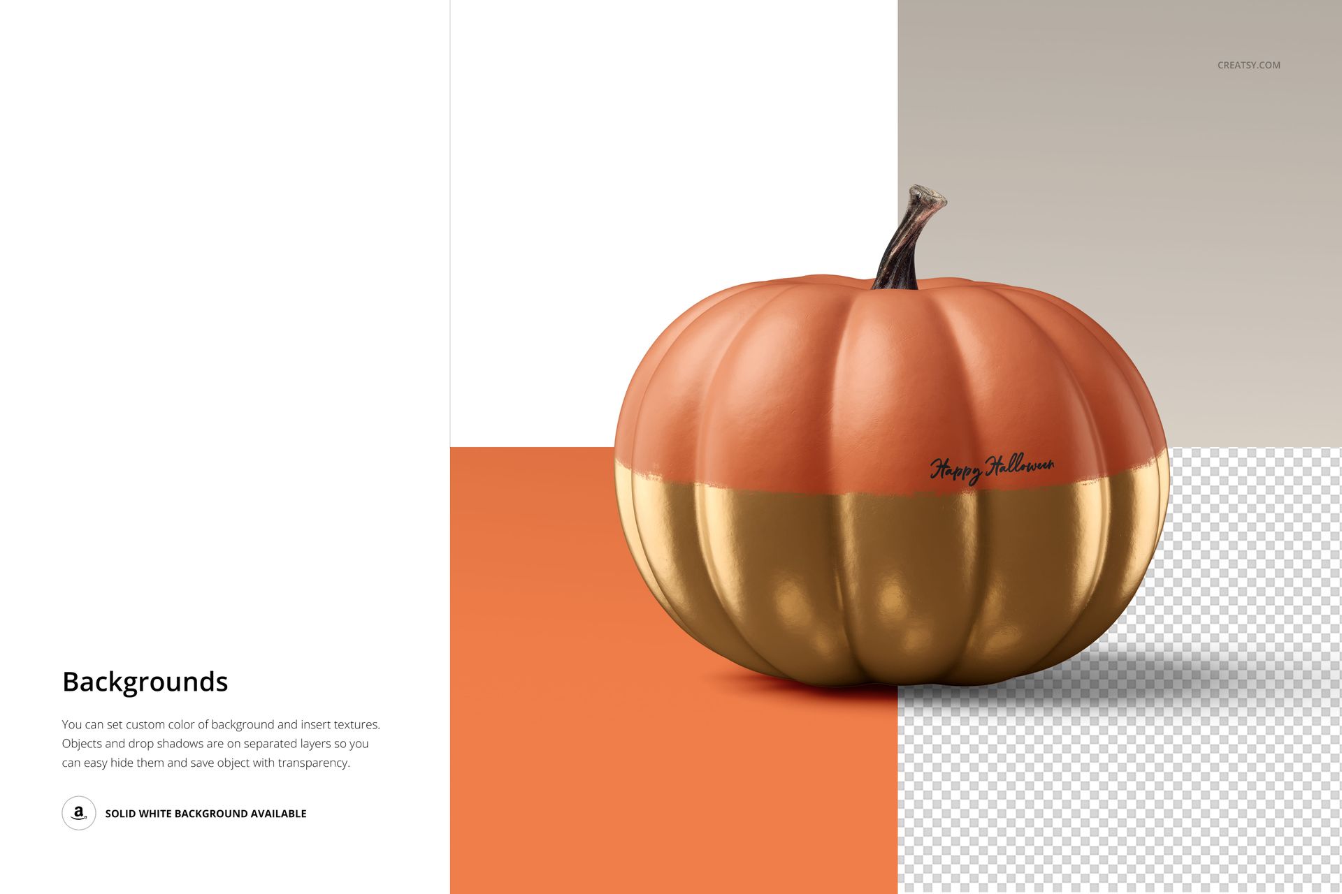 Single pumpkin mockup with orange and gold color blocking, shown on a half white and half transparent backdrop.