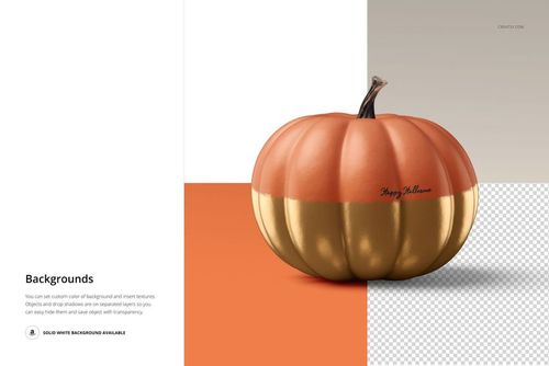 Single pumpkin mockup with orange and gold color blocking, shown on a half white and half transparent backdrop.