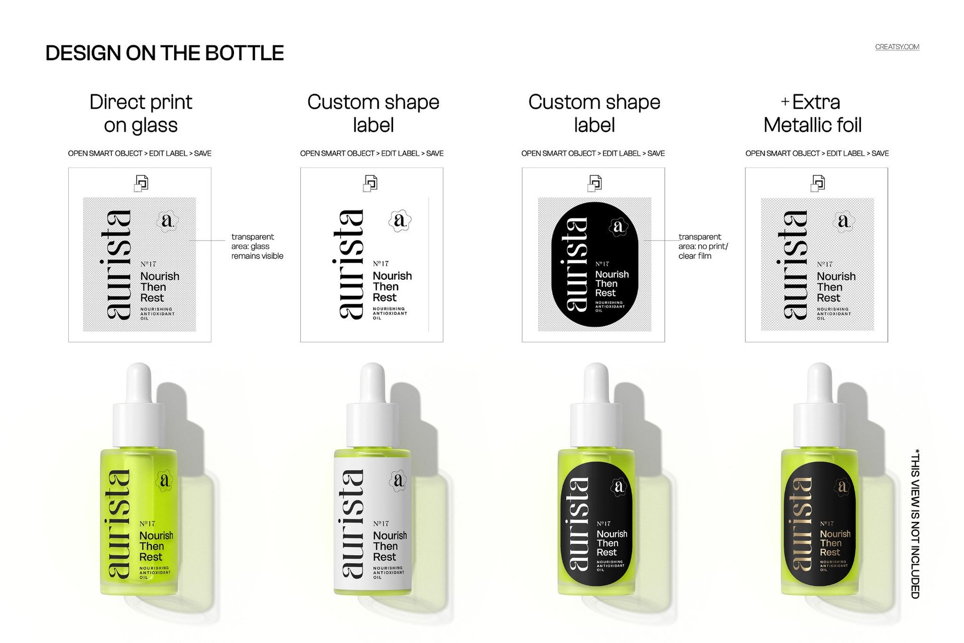 Standing dropper bottle and carton mockup shown in front view, displaying different label shapes and metallic foil options.