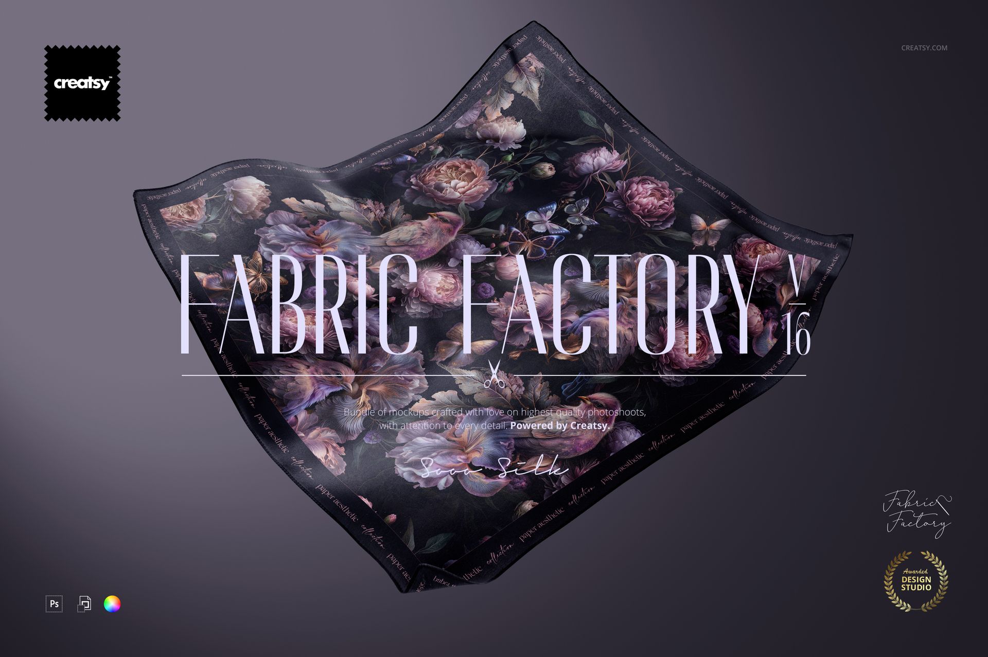 Front view of a square fabric with a dark floral pattern, displayed as part of a Fabric Factory v.16 mockup bundle.