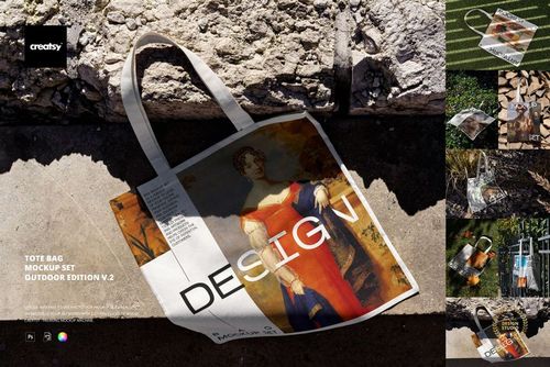 PSD mockup of a canvas tote bag with colorful artwork, displayed outdoors near rocks and surrounded by natural elements.