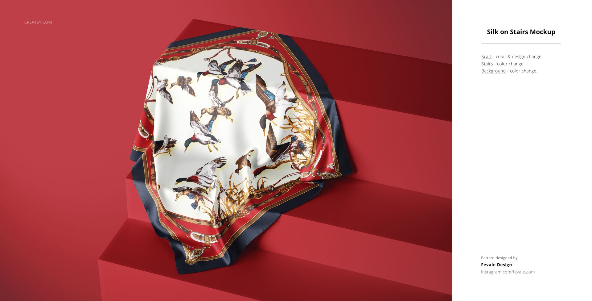 PSD mockup of a silk textile featuring colorful birds and branches, displayed on angular red steps in a studio setting.