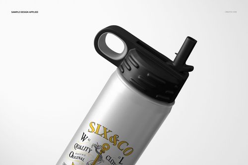 Angled close-up of a 20 oz. stainless steel water bottle mockup with black top and applied artwork on white surface.