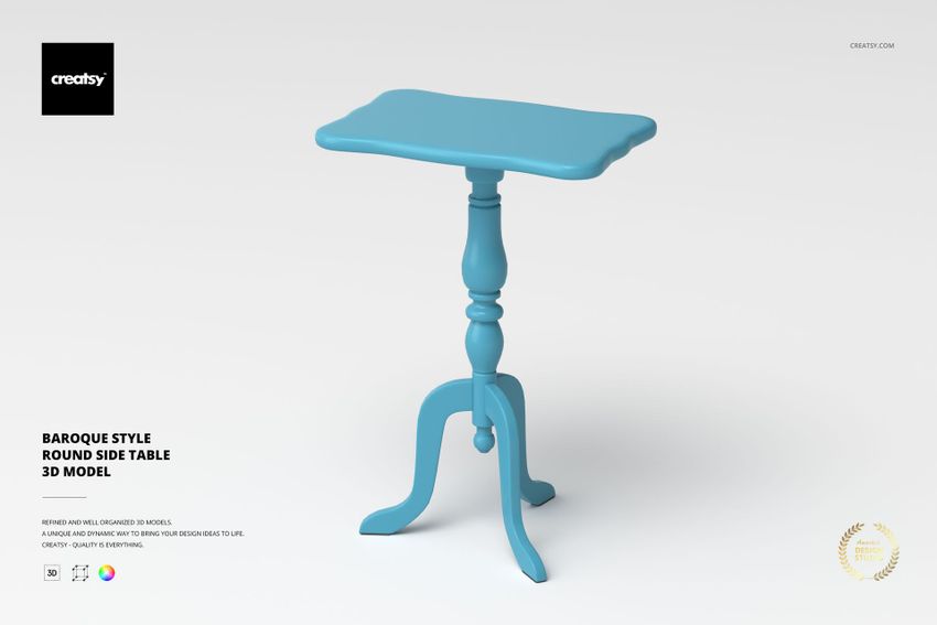 Round side table in baroque style with ornate legs and a scalloped edge, shown in light blue on a white background.