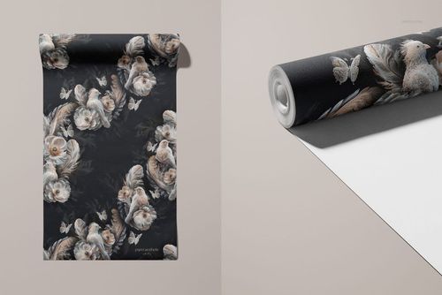 Non-woven vinyl wallpaper mockup featuring a floral pattern in beige and gray tones, shown in rolled and flat views.
