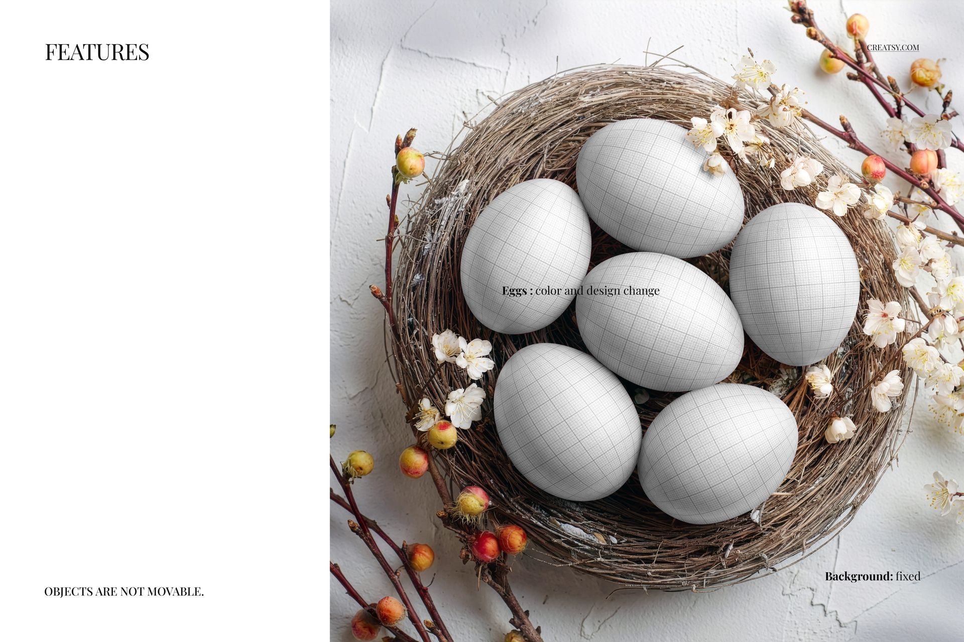 PSD mockup showing a nest filled with six white Easter eggs featuring a grid overlay, with floral branches nearby.