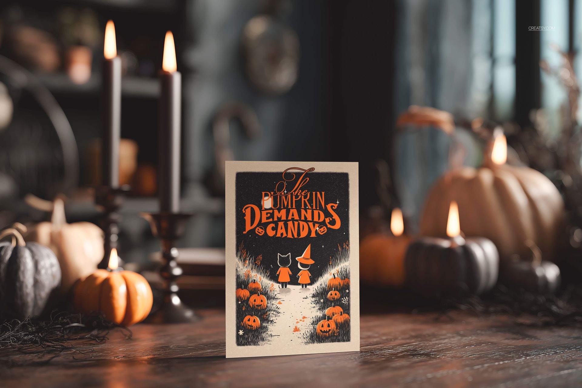 Halloween greeting card mockup displayed upright on a table, surrounded by pumpkins and lit candles in a dimly lit room.