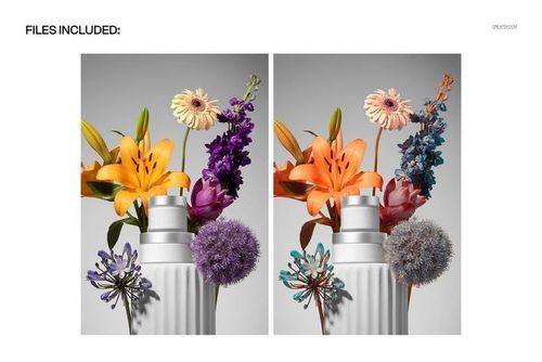 PSD mockup featuring white cosmetic jars arranged on a podium with vibrant flowers, shown from the front.