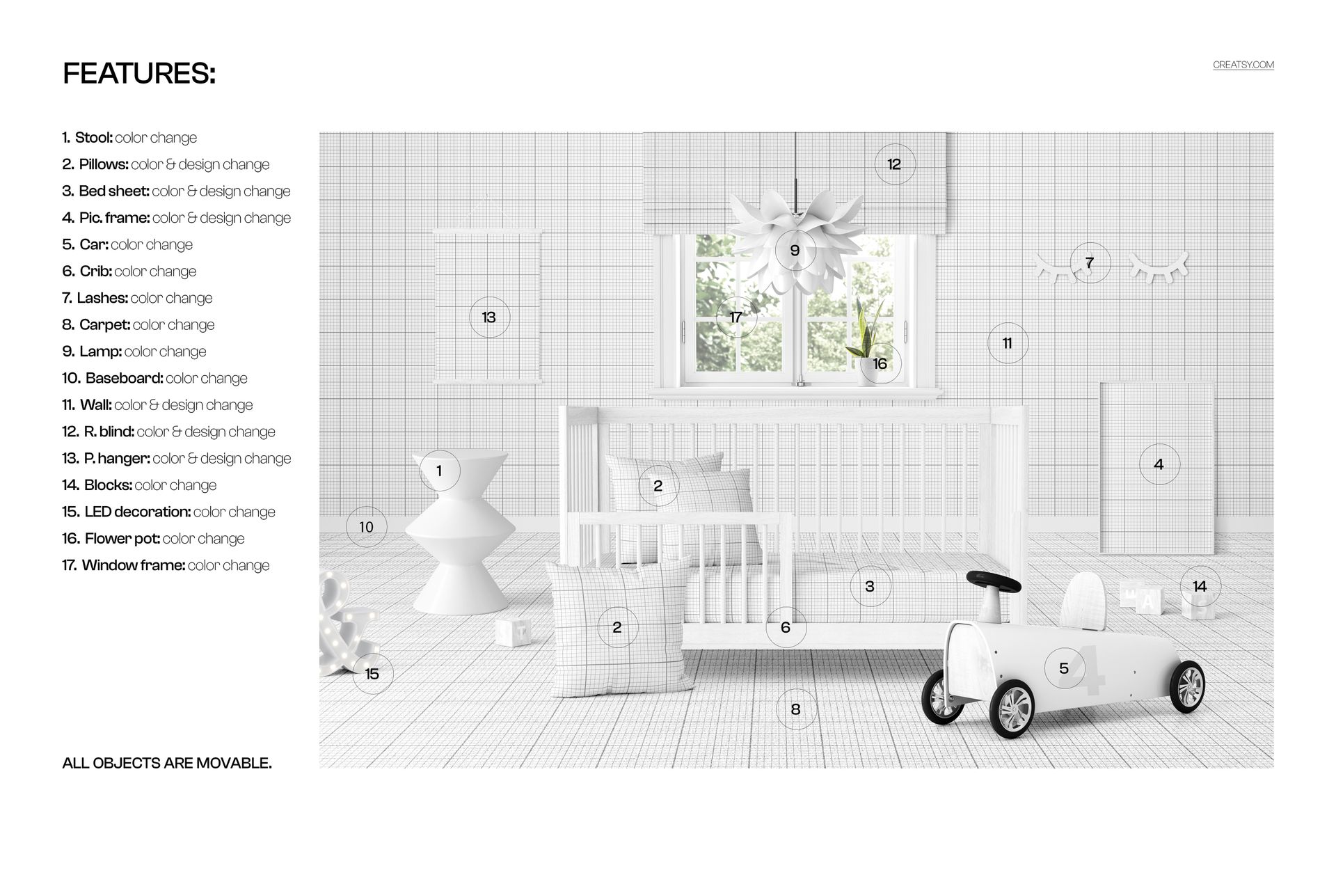 PSD mockup showing a baby crib in a bright kids room, with a toy car and contemporary furniture accents.