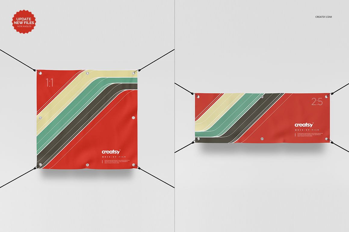 PSD mockup showing two differently sized banners with abstract striped patterns, suspended against a plain white wall.