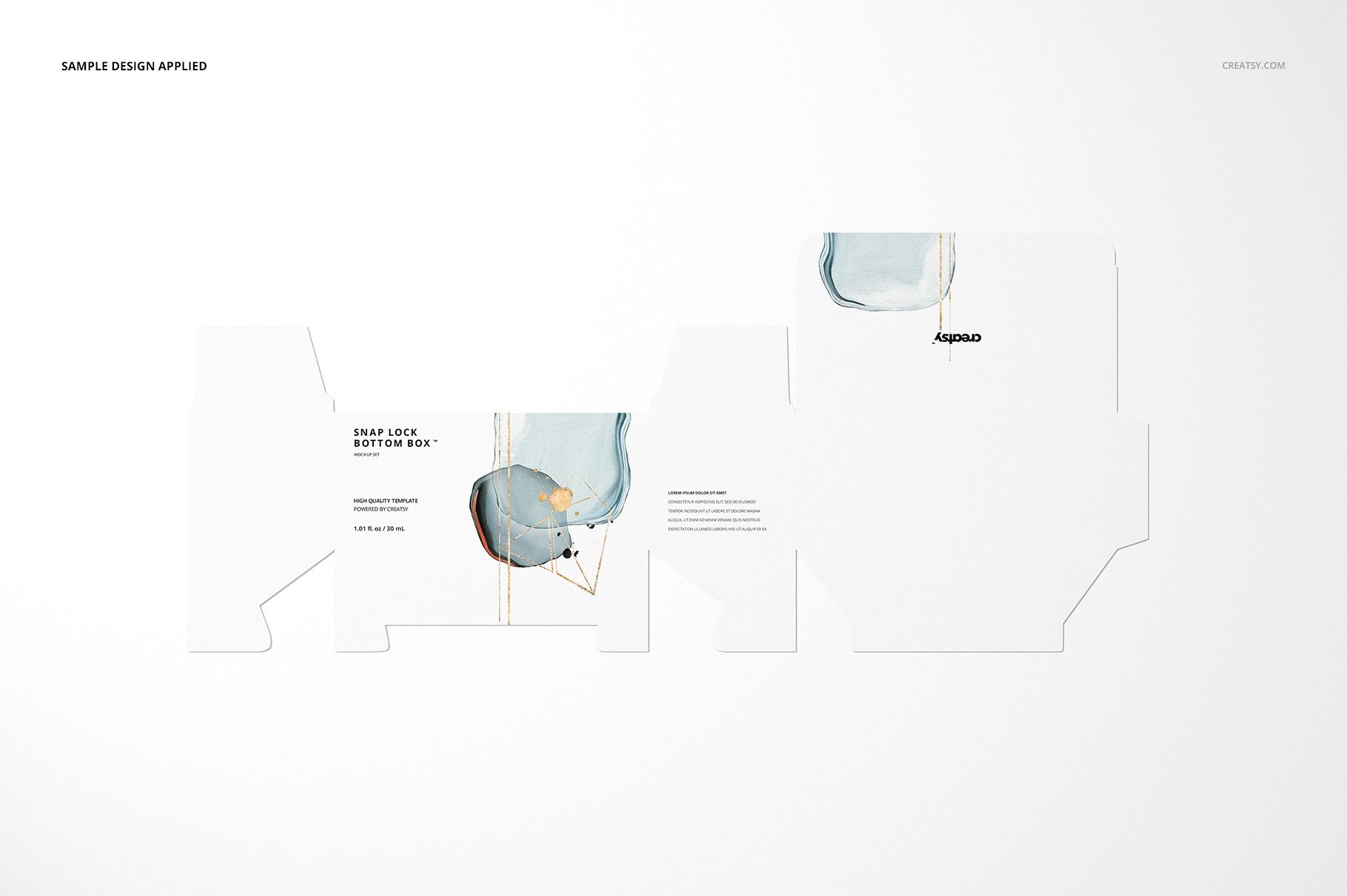 Flat lay of a snap lock bottom box packaging mockup with abstract blue and gold design accents on white background.