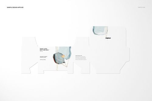 Flat lay of a snap lock bottom box packaging mockup with abstract blue and gold design accents on white background.