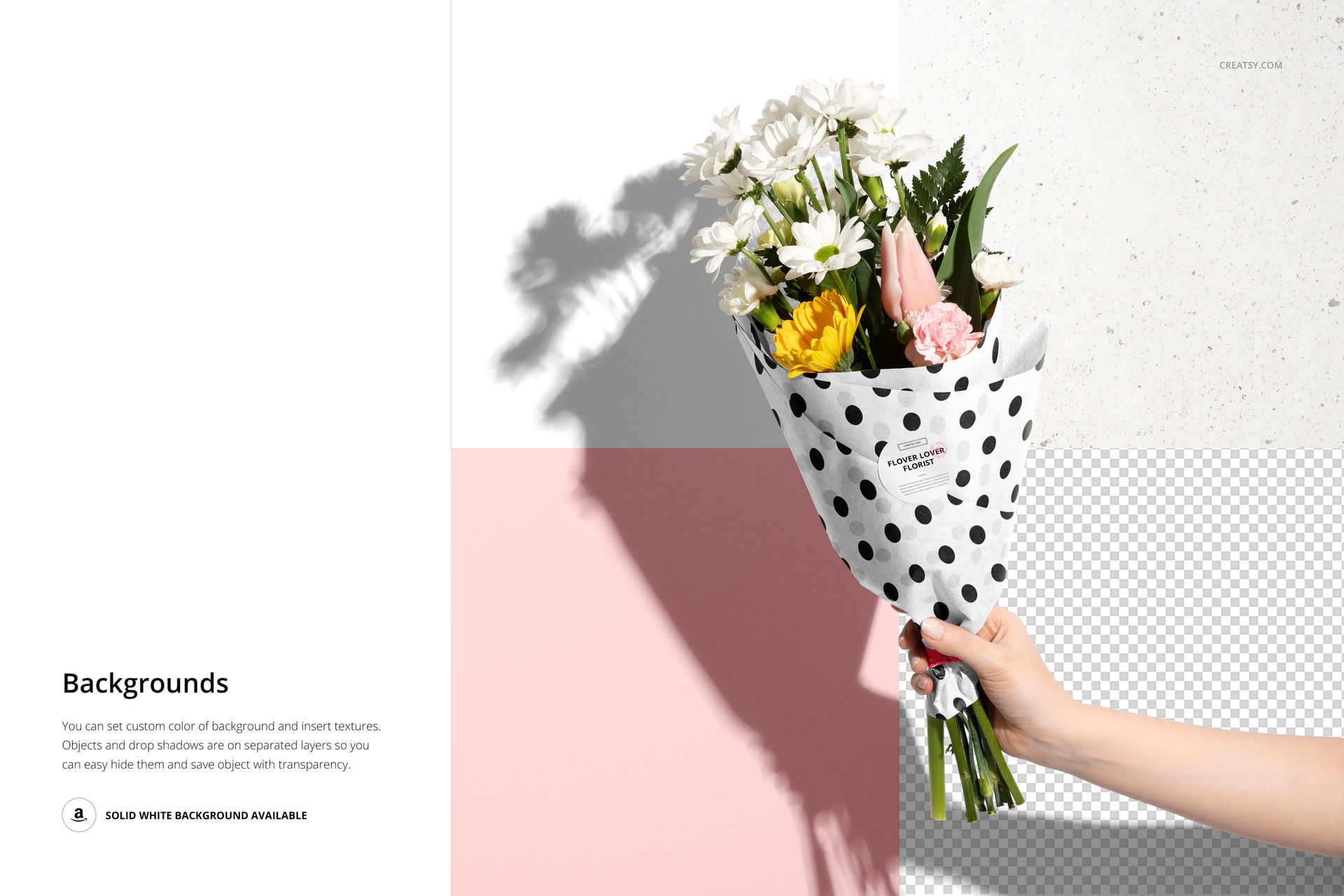 PSD mockup showing a floral bouquet in dotted packaging, with shadows cast on a multi-textured, color-blocked surface.