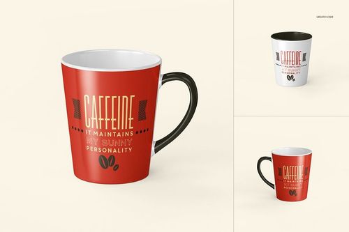 Front and angled views of a 12 oz latte mug mockup with a red and white design, black handle, and coffee-themed text.