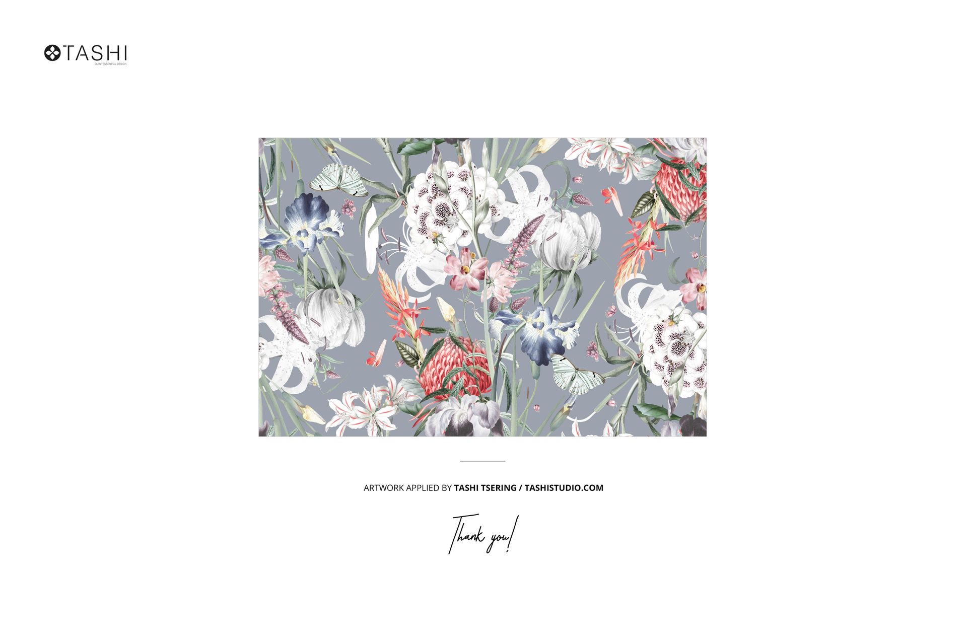 Cotton fabric mockup displaying a detailed botanical design in shades of white, blue, and red against gray.
